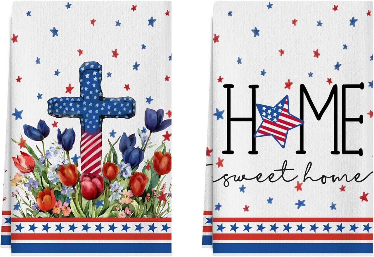 Sweet Home Watercolor Colorful Tulips Flowers America Stars Patriotic 4th of July Memorial Day Independence Day Kitchen Towels Dish Towels 18x26 Inch Set of 2 Home Decorations Hand Towels